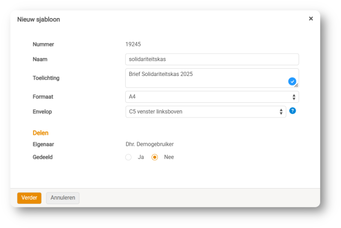 Nieuw briefsjabloon - algemene gegevens en instellingen