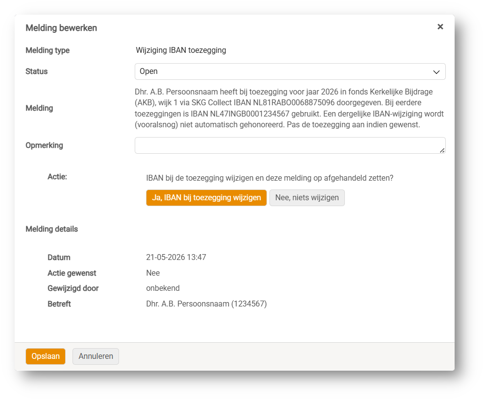 Toezegging - Wijziging IBAN - inhoud melding
