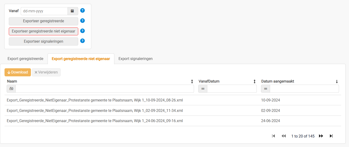 Export geregistreerde niet eigenaar