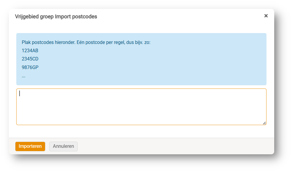 Vrije gebieden - Postcodes importeren en toevoegen