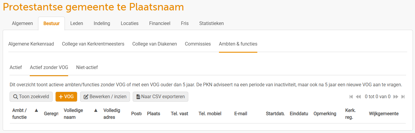 Overzicht personen met (actief) ambt/functie, zonder VOG